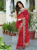 Eye - Catching Red Bandhani Print Wedding Wear Saree - Ethnic Plus In