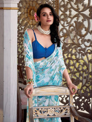 Eye - Catching Sky Blue Floral Printed Traditional Saree With Blouse - Ethnic Plus In