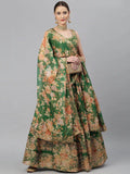 Green & Peach-Coloured Embellished Sequinned Semi-Stitched Myntra Lehenga & Unstitched Blouse