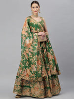 Green & Peach-Coloured Embellished Sequinned Semi-Stitched Myntra Lehenga & Unstitched Blouse