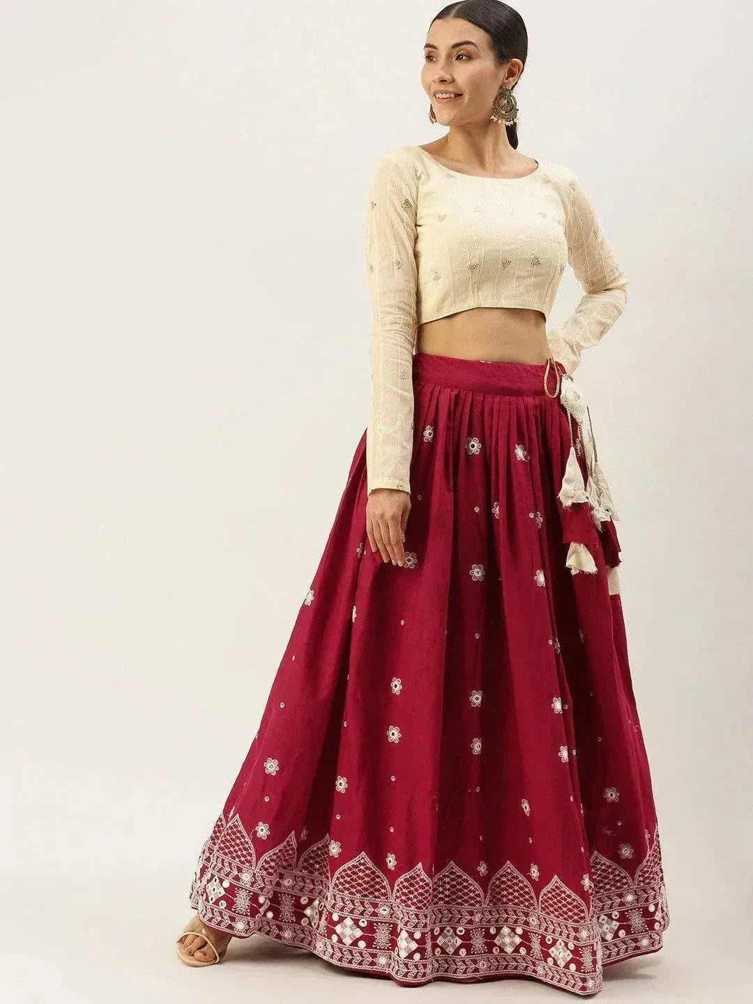 Maroon embroidered lehenga with cream blouse, ethnic Indian wear for festive occasions