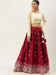 Maroon Embroidered Cotton Festive Myntra Lehenga With Readymade Crop Top