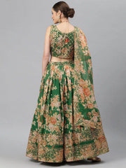 Green & Peach-Coloured Embellished Sequinned Semi-Stitched Myntra Lehenga & Unstitched Blouse