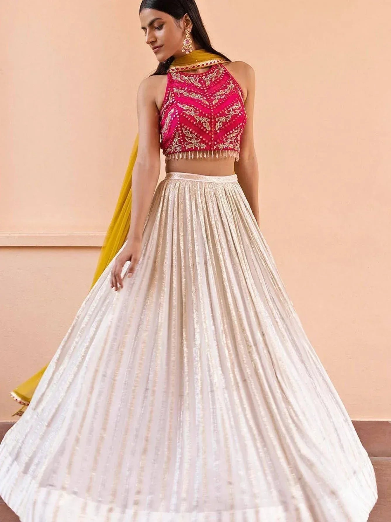 Pink embroidered crop top with white pleated lehenga and yellow dupatta, Indian ethnic wear