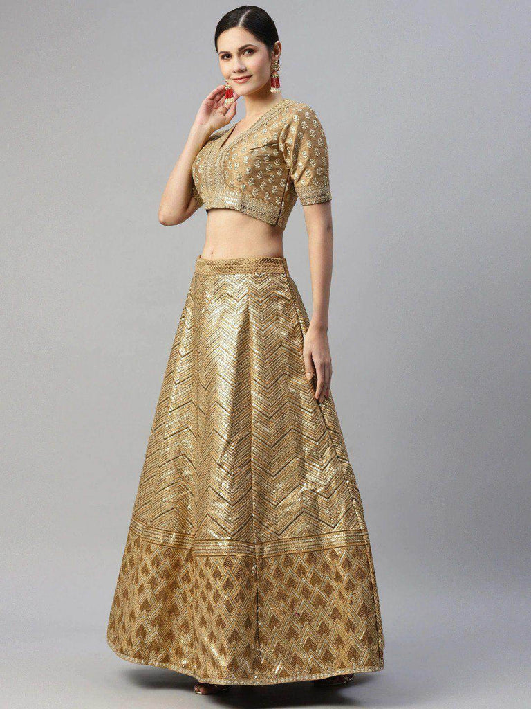Beige Embroidered Sequinned Unstitched Myntra Lehenga & Blouse With Dupatta