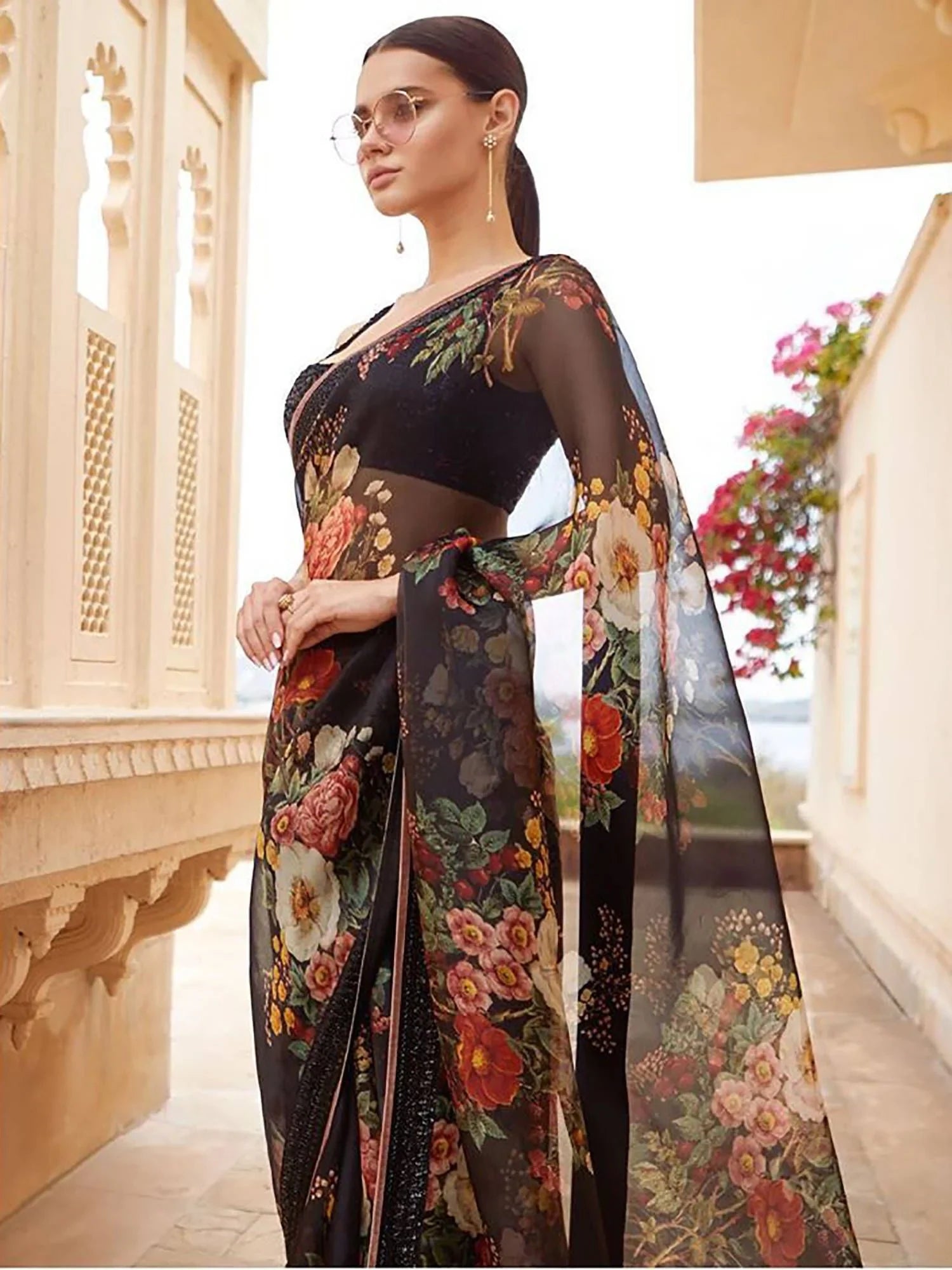 Sabyasachi Black Floral Organza Party Wear Saree