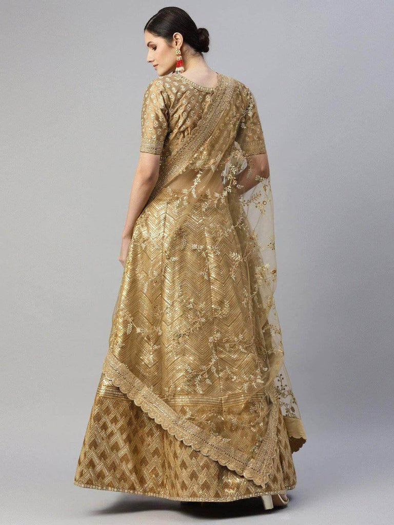 Beige Embroidered Sequinned Unstitched Myntra Lehenga & Blouse With Dupatta