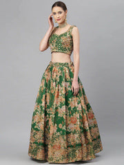Green & Peach-Coloured Embellished Sequinned Semi-Stitched Myntra Lehenga & Unstitched Blouse