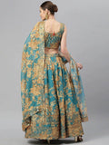 Teal & Peach-Coloured Embellished Sequinned Semi-Stitched Myntra Lehenga & Unstitched Blouse