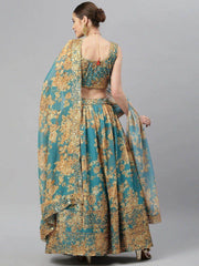 Teal & Peach-Coloured Embellished Sequinned Semi-Stitched Myntra Lehenga & Unstitched Blouse