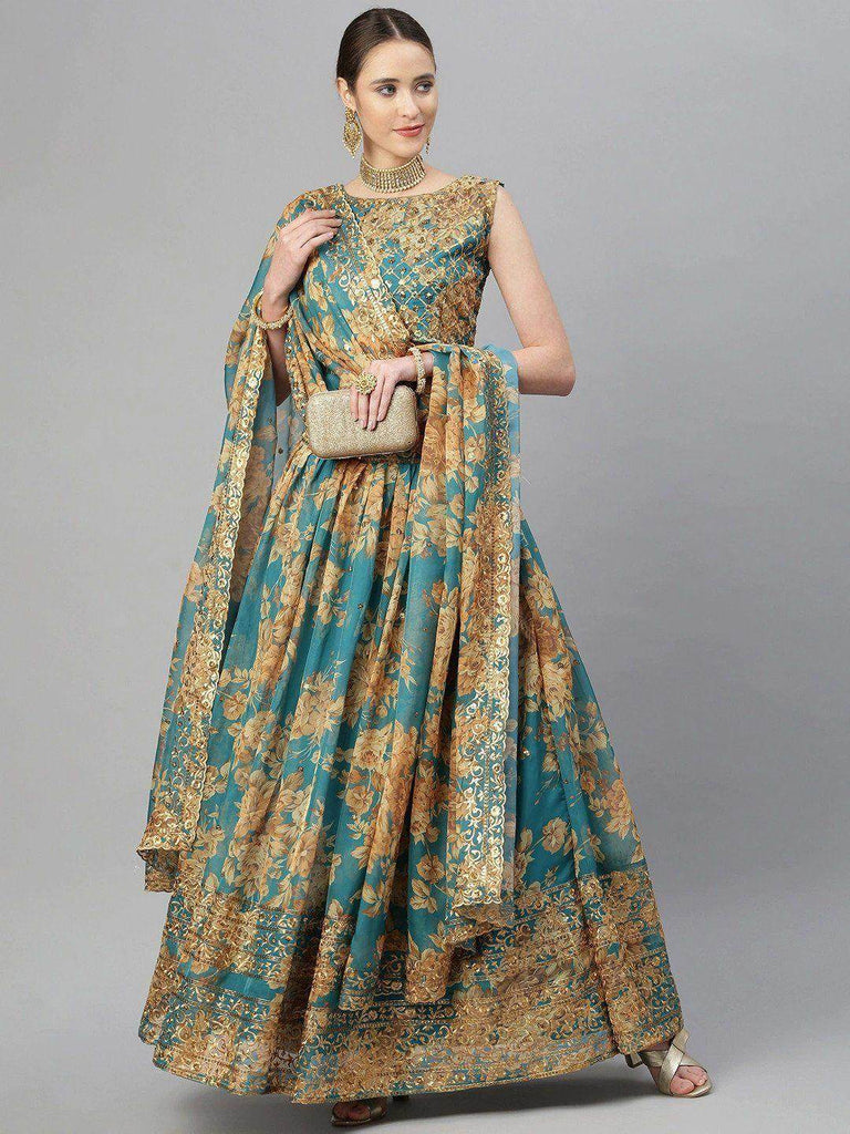 Teal & Peach-Coloured Embellished Sequinned Semi-Stitched Myntra Lehenga & Unstitched Blouse