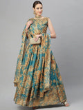 Teal & Peach-Coloured Embellished Sequinned Semi-Stitched Myntra Lehenga & Unstitched Blouse