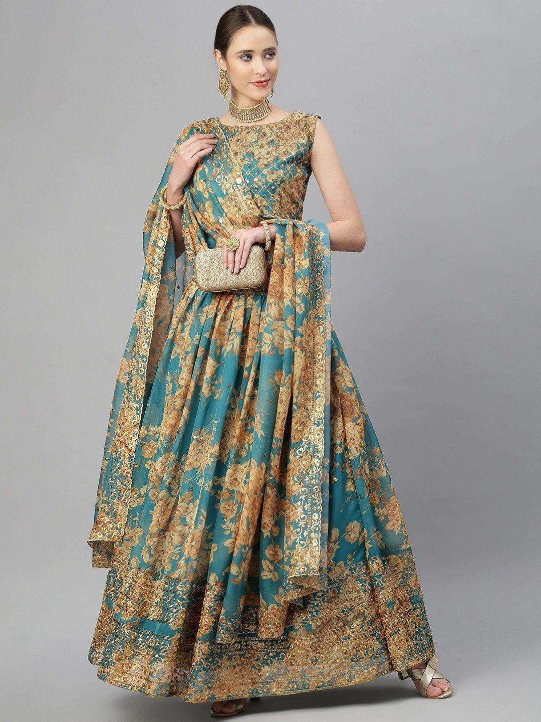 Teal & Peach-Coloured Embellished Sequinned Semi-Stitched Myntra Lehenga & Unstitched Blouse
