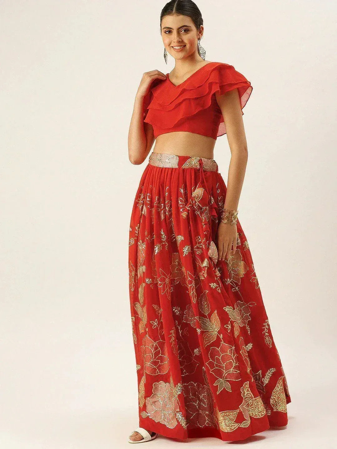 Red floral lehenga choli with ruffled crop top and gold embroidery, Indian ethnic wear