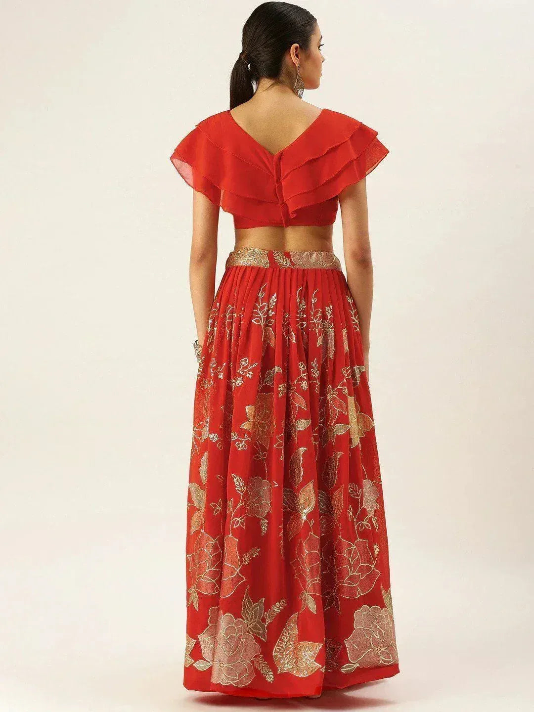 Red lehenga choli with gold floral embroidery and ruffled blouse, Indian ethnic wear