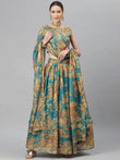 Teal & Peach-Coloured Embellished Sequinned Semi-Stitched Myntra Lehenga & Unstitched Blouse