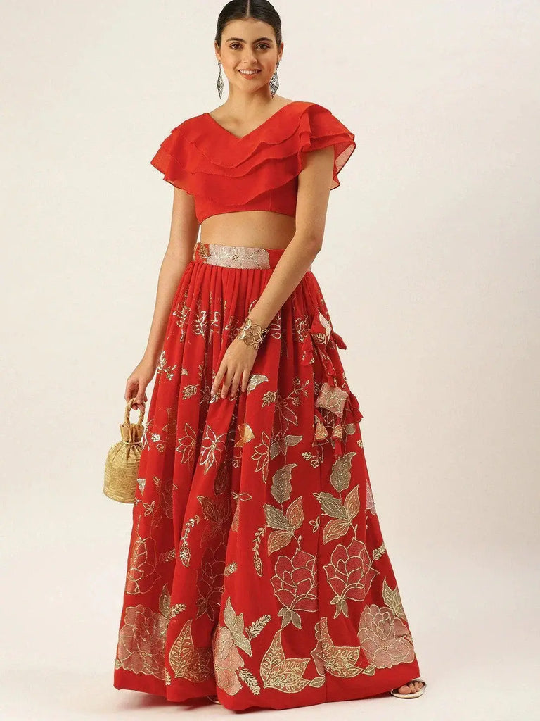 Red & Green Floral Print & Sequin Ready To Wear Myntra Lehenga & Blouse