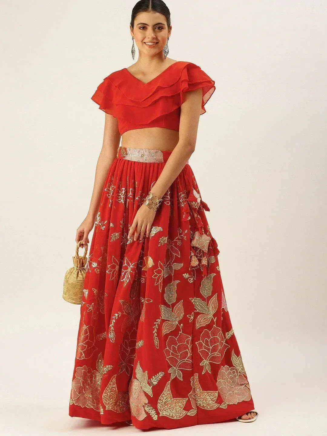 Red floral lehenga choli with ruffled crop top, ethnic Indian wear for weddings and parties