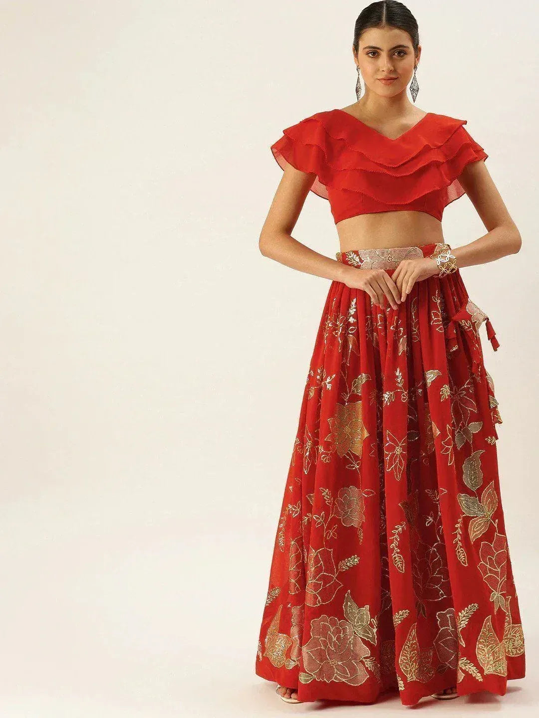 Red floral embroidered lehenga with ruffled crop top, Indian ethnic wear for women