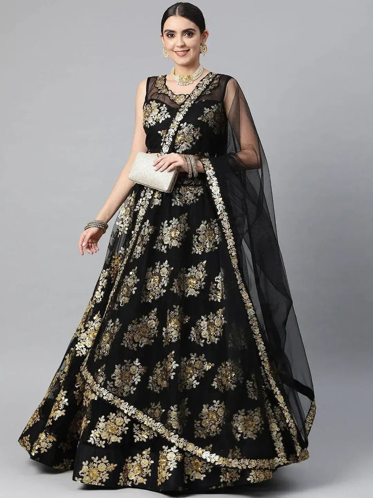 Black & Golden Sequinned Semi-stitched Myntra Lehenga & Blouse With Dupatta
