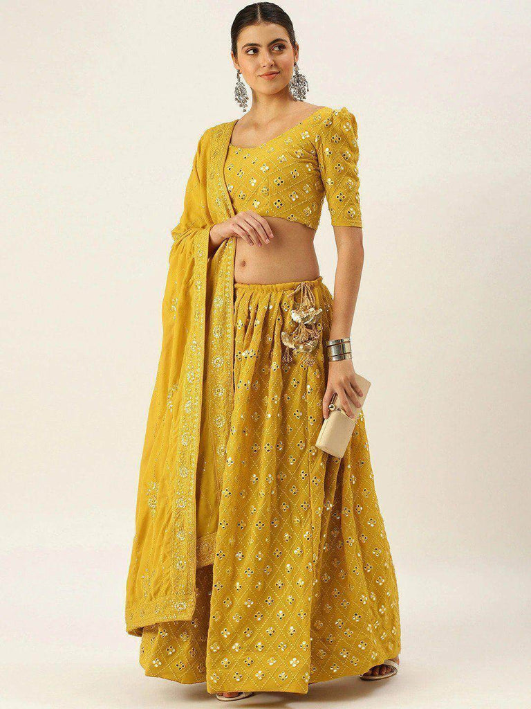 Mustard Sequin Semi-Stitched Myntra Lehenga & Unstitched Blouse with Dupatta