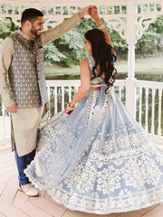 Gorgeous Sky Blue Zari Work Net Wedding Wear Lehenga Choli