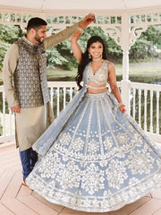 Gorgeous Sky Blue Zari Work Net Wedding Wear Lehenga Choli