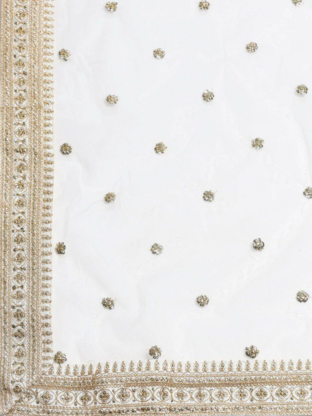 White ethnic dupatta with gold floral embroidery and embellished border for lehenga or saree