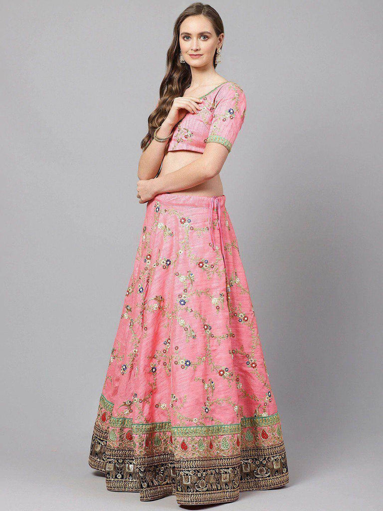 Pink & Green Embroidered Semi-Stitched Myntra Lehenga & Unstitched Blouse with Dupatta