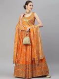 Orange & Gold-Toned Embellished Sequinned Semi-Stitched Myntra Lehenga & Unstitched Blouse