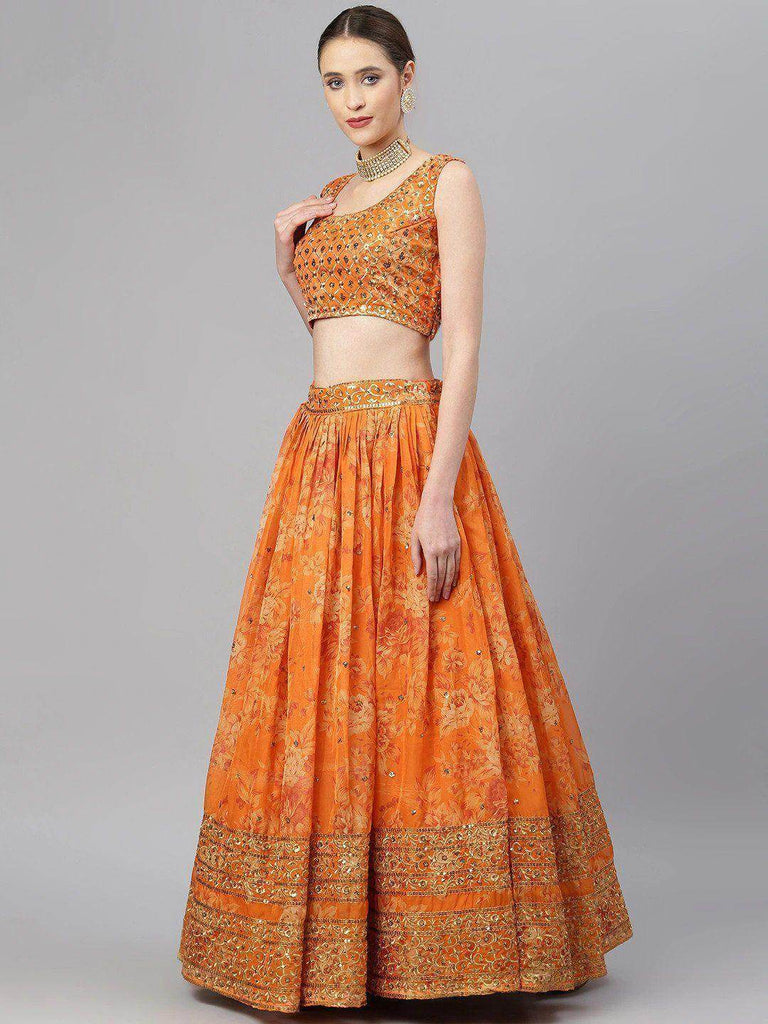 Orange & Gold-Toned Embellished Sequinned Semi-Stitched Myntra Lehenga & Unstitched Blouse