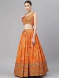 Orange & Gold-Toned Embellished Sequinned Semi-Stitched Myntra Lehenga & Unstitched Blouse