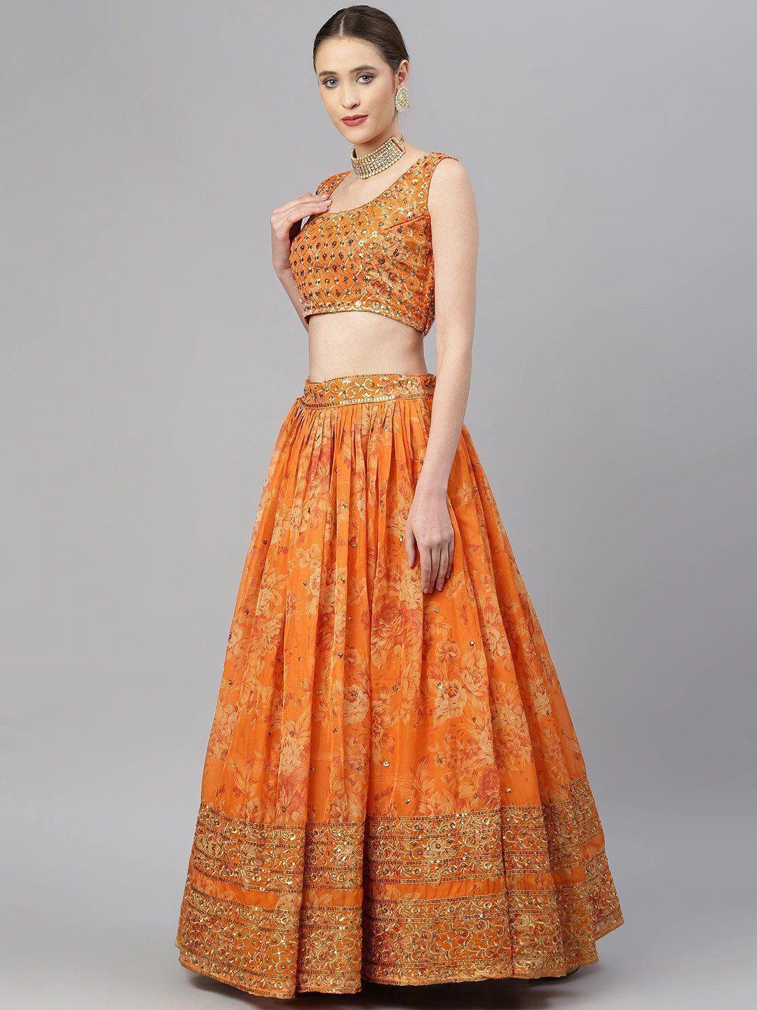 Orange & Gold-Toned Embellished Sequinned Semi-Stitched Myntra Lehenga & Unstitched Blouse