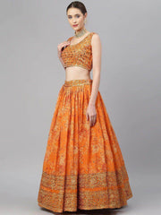 Orange & Gold-Toned Embellished Sequinned Semi-Stitched Myntra Lehenga & Unstitched Blouse