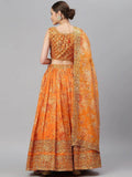 Orange & Gold-Toned Embellished Sequinned Semi-Stitched Myntra Lehenga & Unstitched Blouse