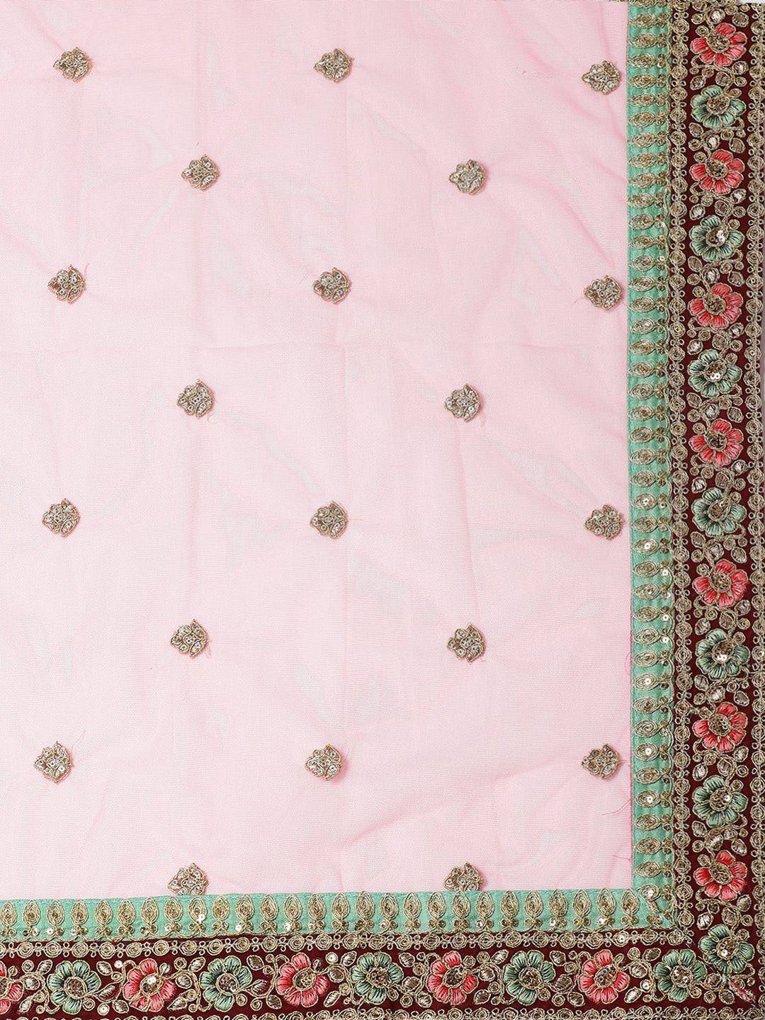 Pink ethnic dupatta with floral embroidery and embellished border for lehenga choli or saree