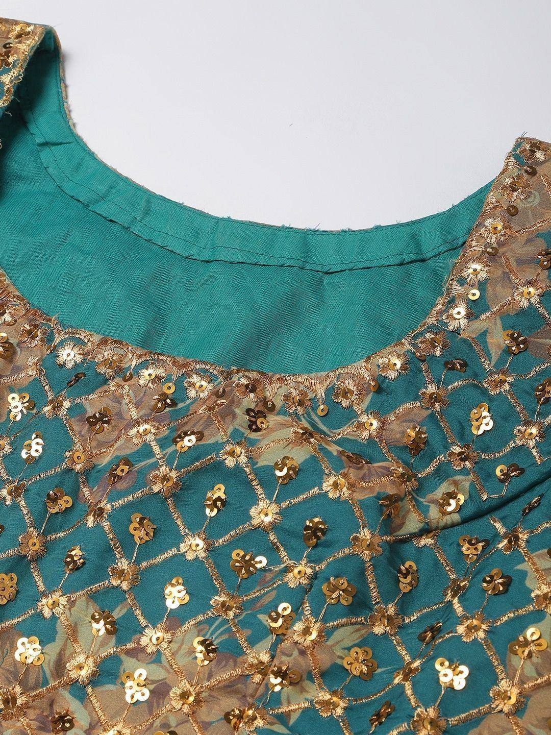 Teal ethnic blouse with gold sequin floral embroidery and sheer overlay detail