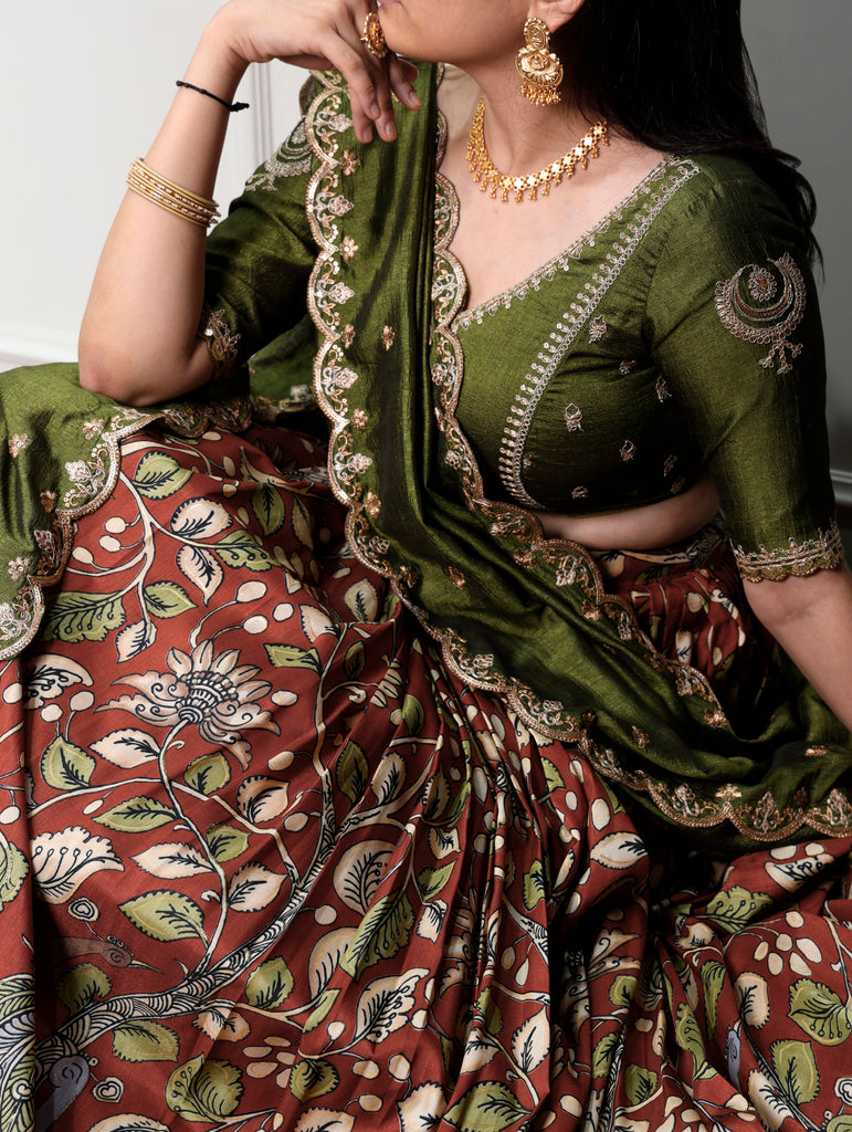 Dazzling Rust Orange Kalamkari Printed Silk Half Saree Lehenga