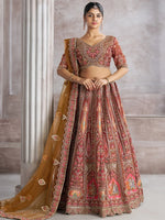 Fabulous Brown Aari Work Banarasi Silk Wedding Wear Lehenga Choli