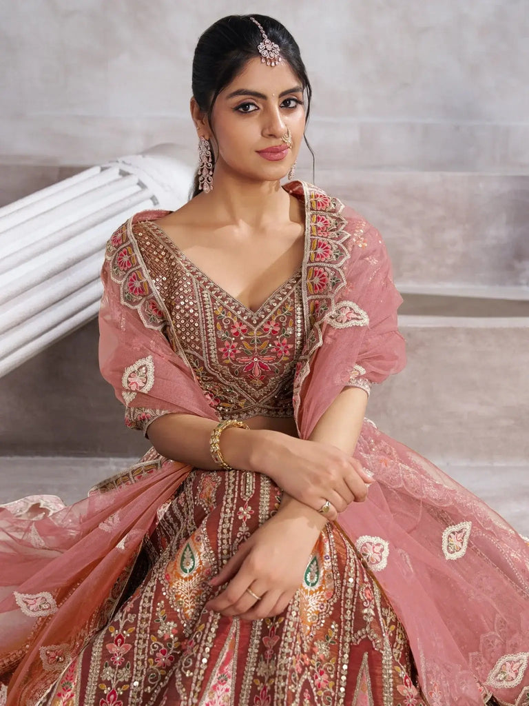 Fabulous Brown Aari Work Banarasi Silk Wedding Wear Lehenga Choli - Ethnic Plus In