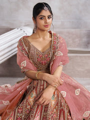 Fabulous Brown Aari Work Banarasi Silk Wedding Wear Lehenga Choli - Ethnic Plus In