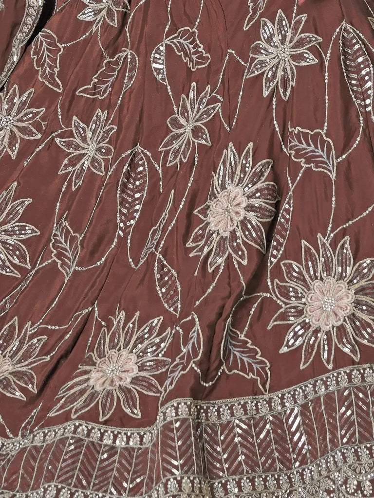 Fabulous Brown Floral Embroidered Satin Lehenga Choli With Dupatta - Ethnic Plus In