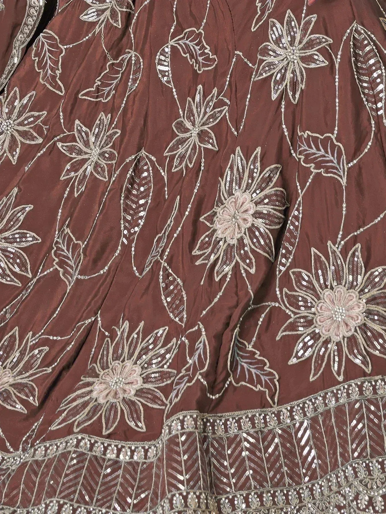 Brown ethnic lehenga with floral sequin embroidery and detailed border design