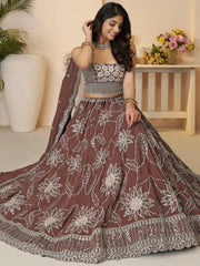 Fabulous Brown Floral Embroidered Satin Lehenga Choli With Dupatta - Ethnic Plus In