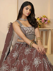 Fabulous Brown Floral Embroidered Satin Lehenga Choli With Dupatta - Ethnic Plus In