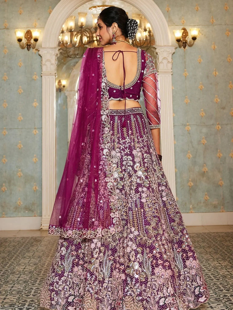 Fabulous Burgundy Sequins Net Designer Lehenga Choli With Dupatta - Ethnic Plus In