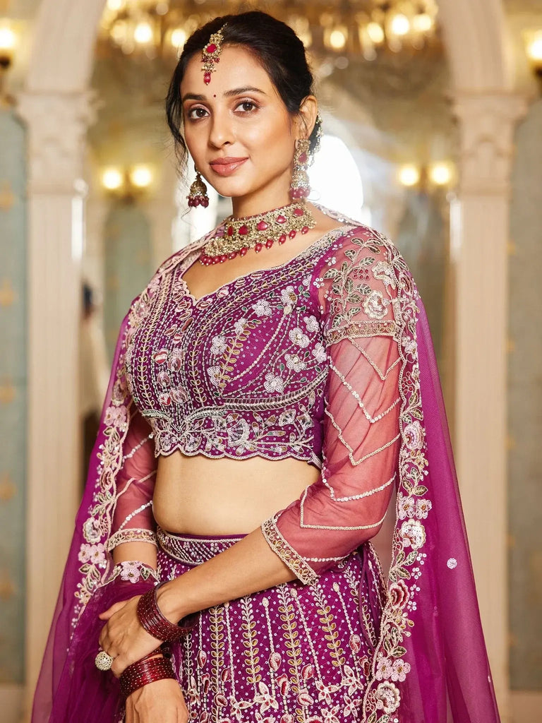 Fabulous Burgundy Sequins Net Designer Lehenga Choli With Dupatta - Ethnic Plus In