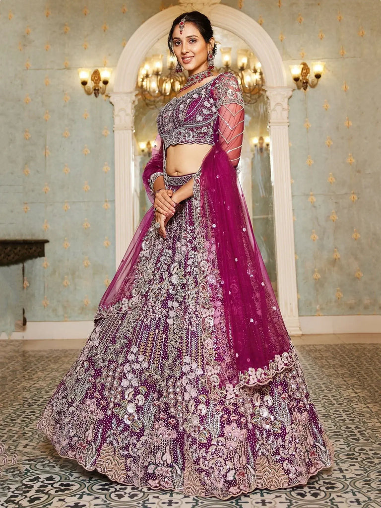 Fabulous Burgundy Sequins Net Designer Lehenga Choli With Dupatta - Ethnic Plus In