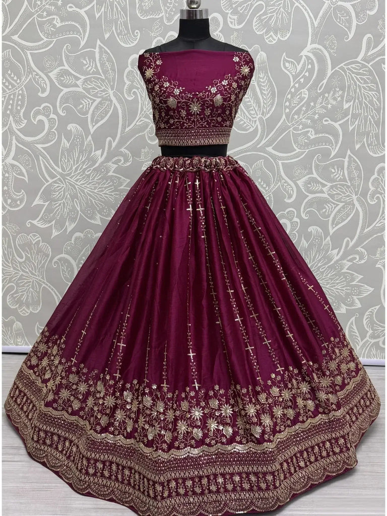 Fabulous Burgundy Zari Work Satin Wedding Lehenga Choli With Dupatta - Ethnic Plus In