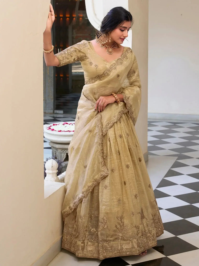 Fabulous Cream Thread Embroidery Wedding Lehenga Choli With Dupatta - Ethnic Plus In